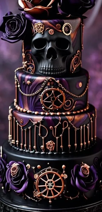 Gothic steampunk cake with skulls and purple roses.
