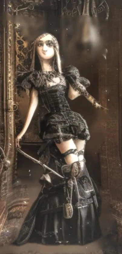 Gothic steampunk doll in an elaborate dark dress standing elegantly.