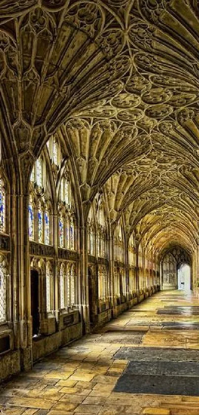 Intricately detailed Gothic corridor with stained glass and stone architecture.