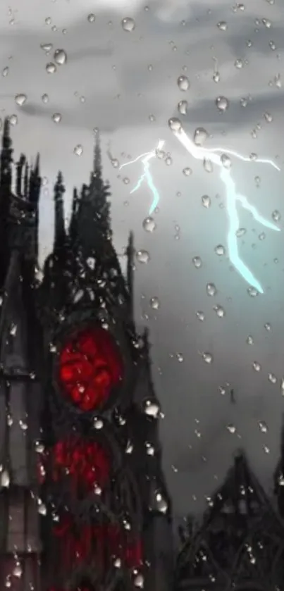 Gothic cathedral with stormy sky and raindrops.