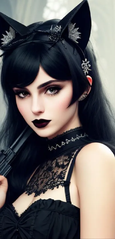 Gothic girl with cat ears in a cathedral holding a vintage gun.