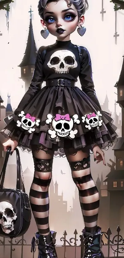 Gothic style fantasy girl with skull-themed outfit and dark castle background.