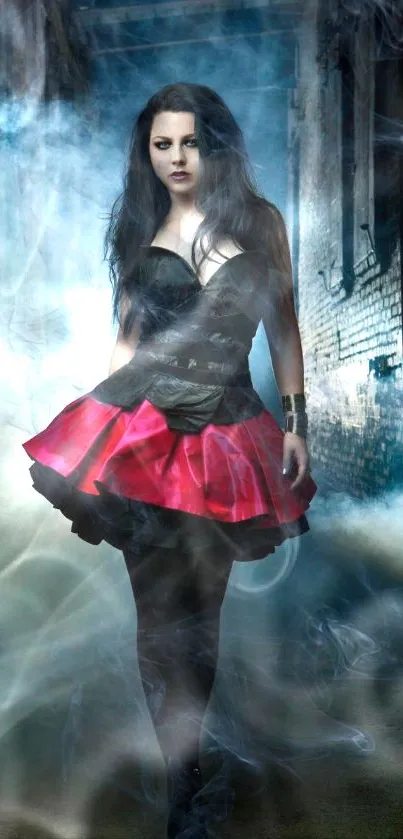 Gothic woman in red skirt with smoke effect, urban setting.