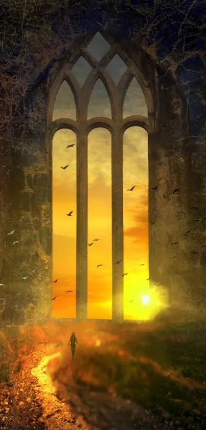 Mystical gothic archway with sunset view.