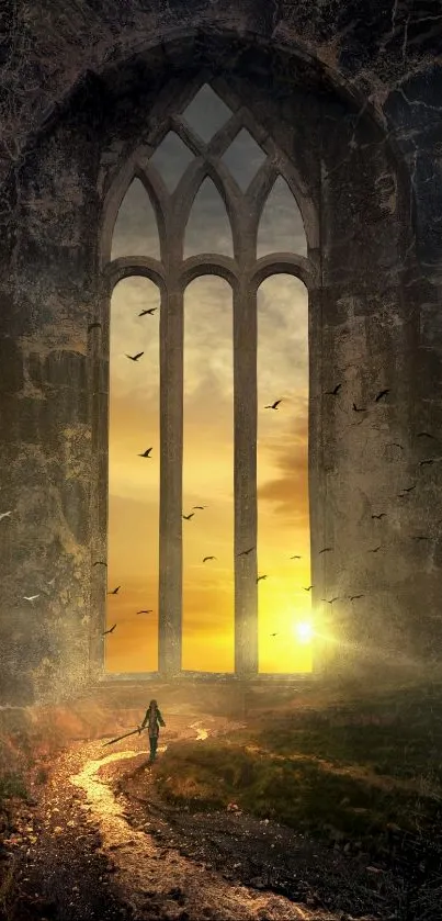 Gothic archway with sunset in a fantasy landscape.