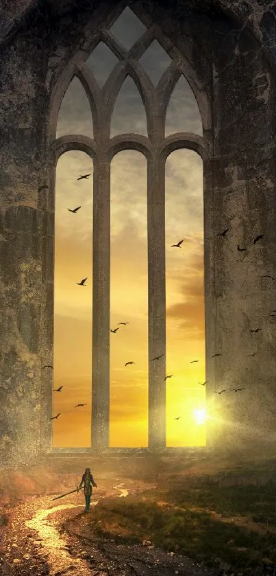 Mystical Gothic arches with a sunset view and a solitary figure walking towards the horizon.