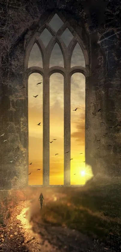 Gothic archway against a sunset sky.