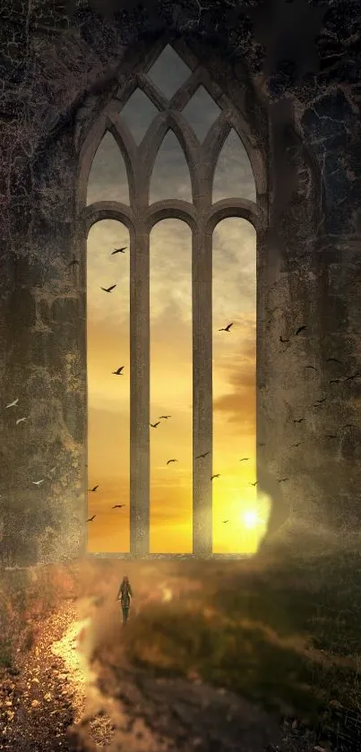 Gothic archway at sunset with flying birds and a glowing path.