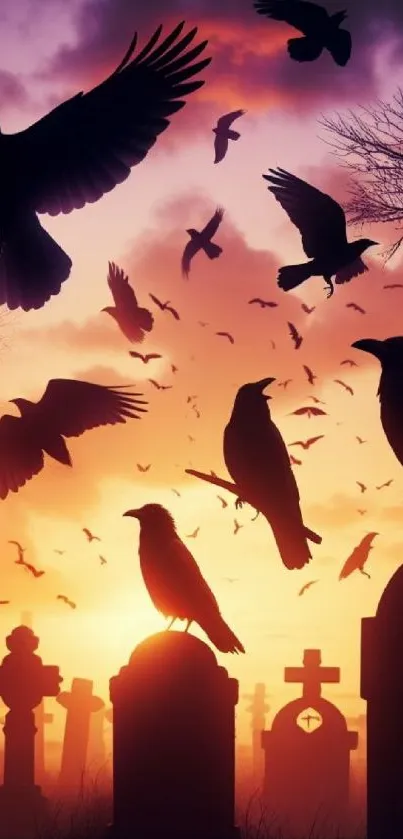 Silhouetted ravens at sunset over graveyard, creating a gothic wallpaper design.