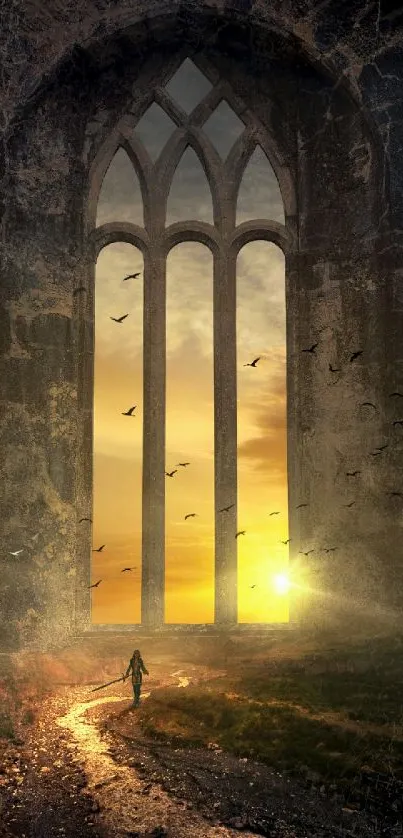 Gothic arches framing a golden sunset with scenic path.