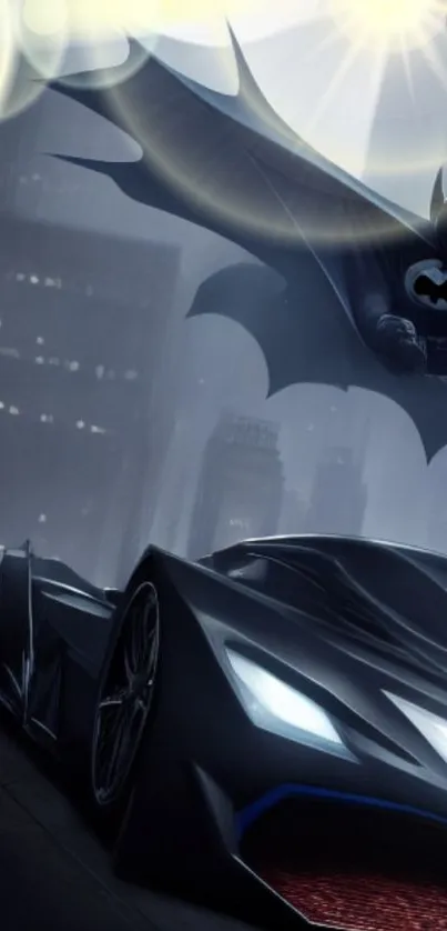 Superhero in dark city with futuristic car art.