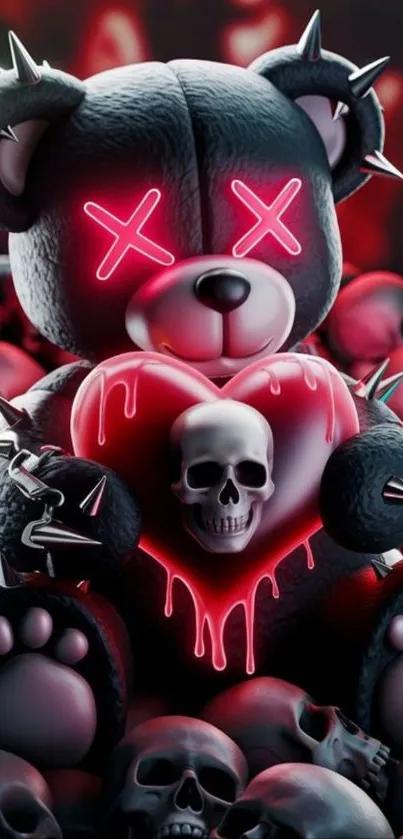 Gothic teddy bear with skull heart and neon eyes.