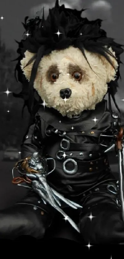 Gothic teddy bear with scissors on a dark background.