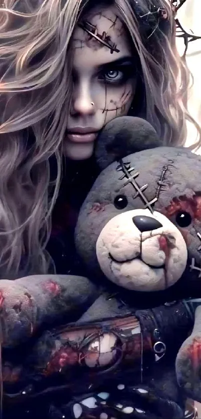 Gothic girl holds stitched teddy bear in dark wallpaper.