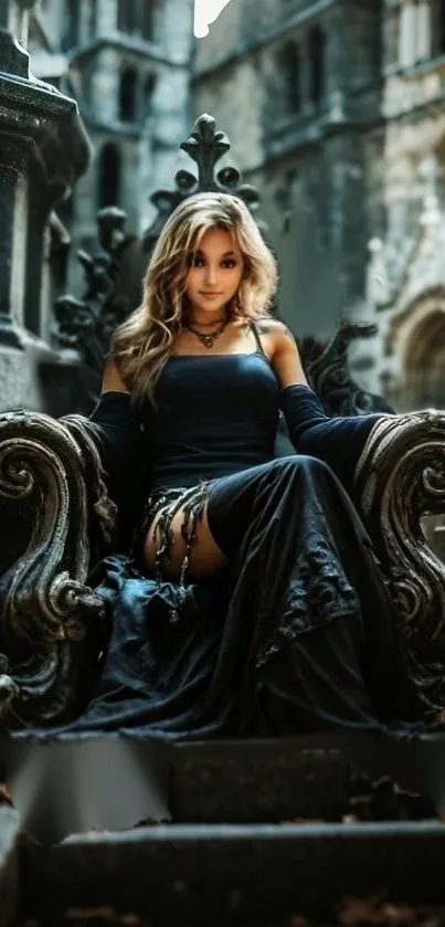 Woman seated on ornate gothic throne in castle setting.