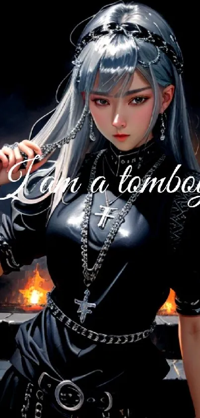 Gothic tomboy with silver hair, black dress, fiery background.