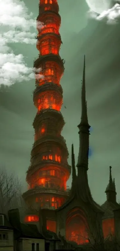 Gothic tower silhouetted against a moonlit sky, creating a fantasy-themed wallpaper.