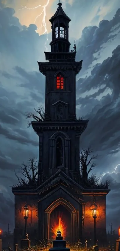 Dark gothic tower under stormy sky with lightning and glowing windows.