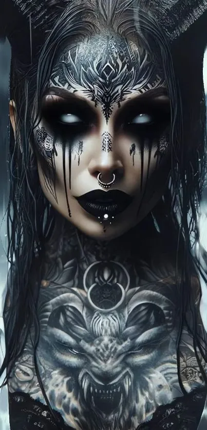 Gothic-themed art wallpaper with tribal tattoos and dark design.