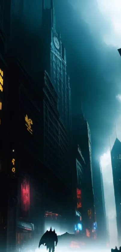 Dark gothic city scene with towering skyscrapers at night.