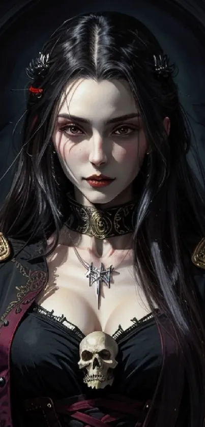 Gothic vampire with dark attire and skull necklace.