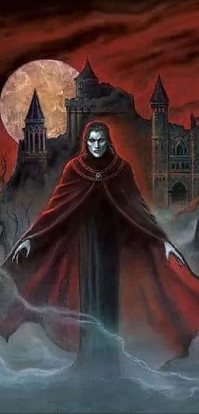 Gothic vampire figure in red cloak, moonlit castle background with wolves.