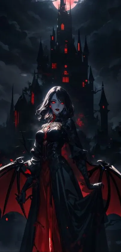 Illustration of a gothic vampire woman with a dark castle background.