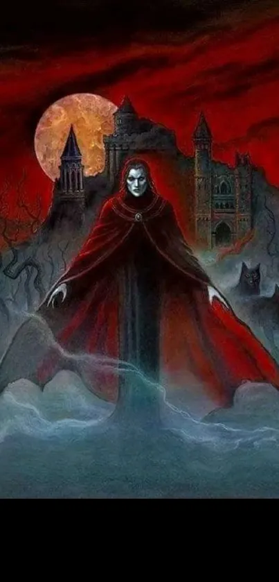 Gothic vampire in cloak by a castle.