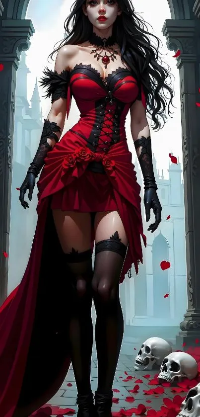 Gothic vampire in red dress with skulls
