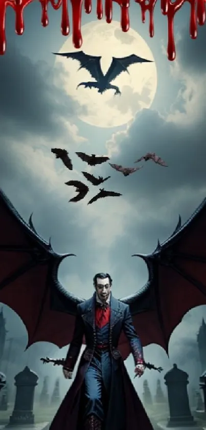 Gothic vampire with wings under full moon.