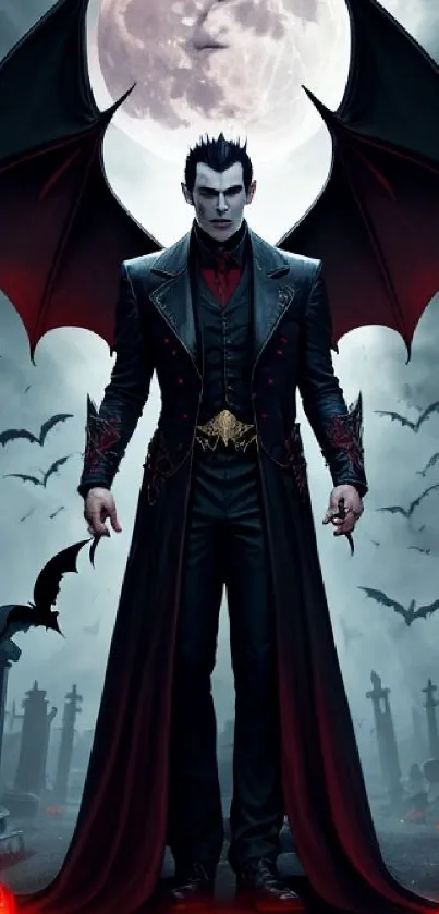 Gothic vampire with wings in moonlit cemetery, surrounded by bats.