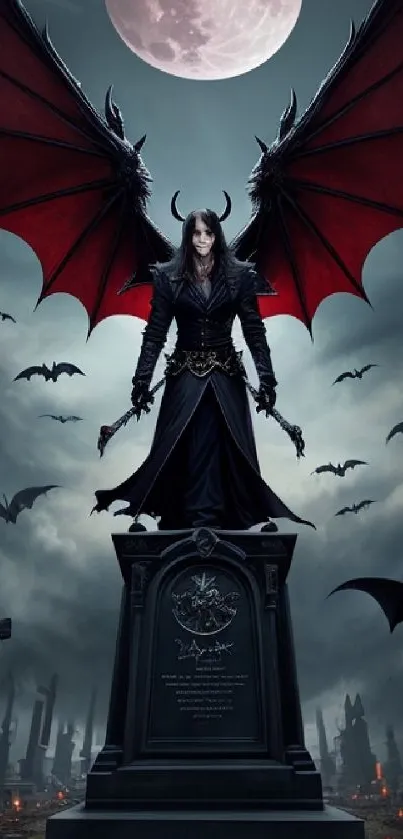 Gothic vampire figure with red wings in a moonlit graveyard.