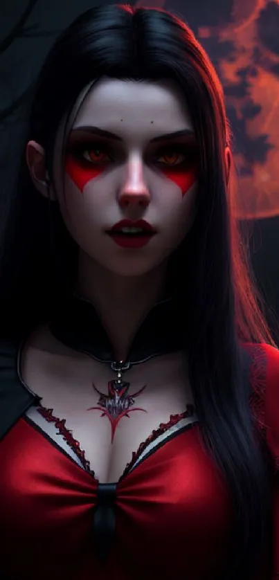 Gothic vampire woman with red moon background.