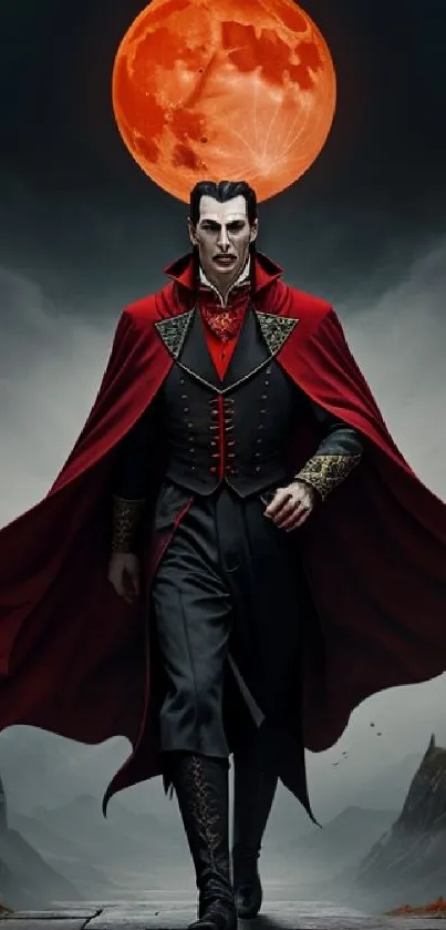 Vampire in red cloak beneath full red moon with gothic castles.