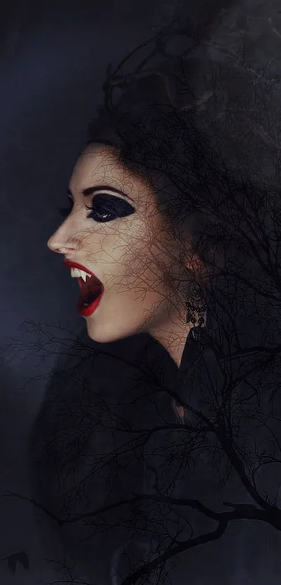 Gothic vampire portrait with dark trees in the background.