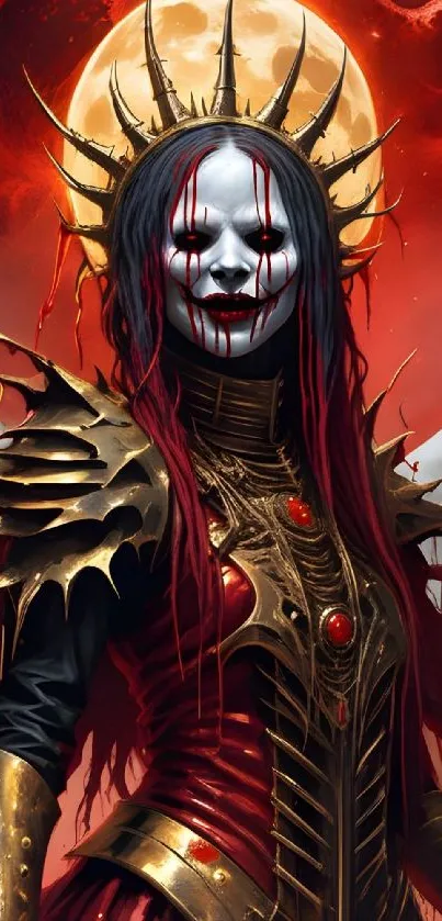 Gothic vampire queen with red and gold armor under a blood moon.