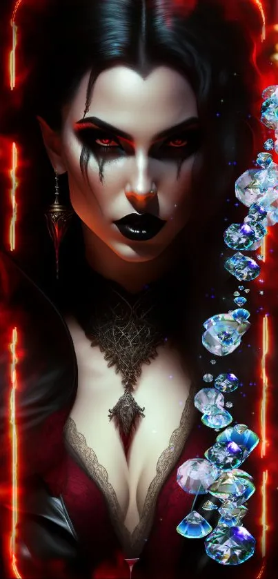 Gothic vampire lady with dark red, black tones in a mystical setting.