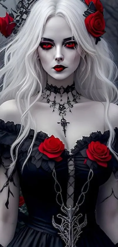 Gothic vampire woman with roses and dark attire.