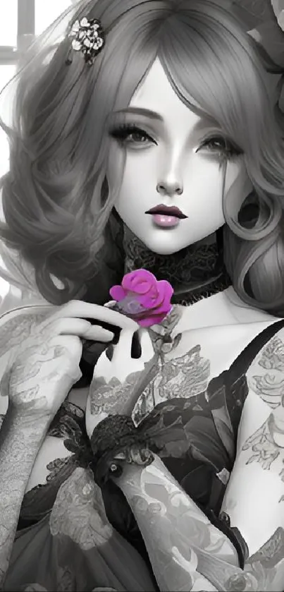 Gothic vintage doll with purple rose, grayscale art.