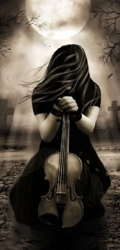 Gothic violinist under moonlit night in graveyard, holding violin.