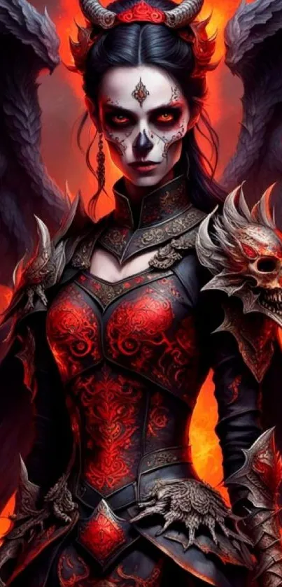 Gothic warrior with wings and red-black armor in fantasy setting.