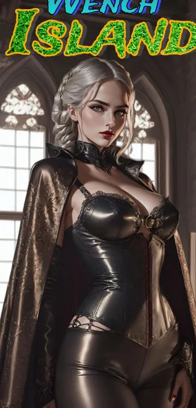 Gothic warrior woman in a medieval castle setting, wearing dark armor.