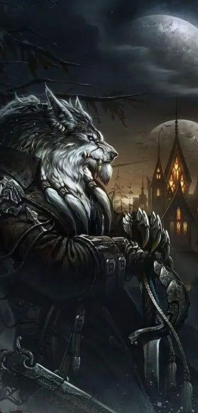 Dark fantasy werewolf with moonlit castle background.