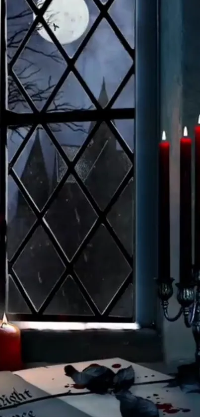 Gothic window with candles and a moonlit view.