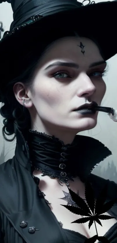 Gothic witch with hat and smoke.