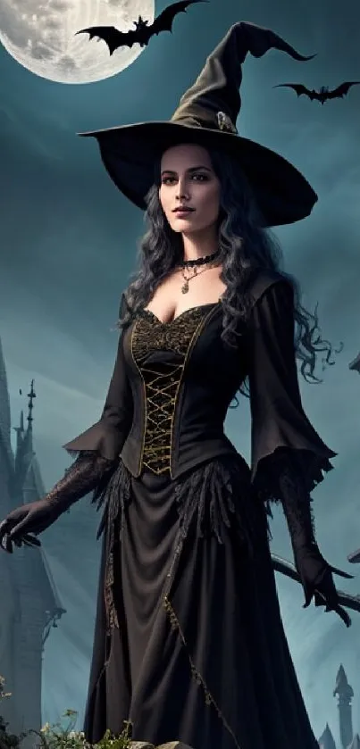 A gothic witch stands under a moonlit sky, surrounded by bats and eerie architecture.