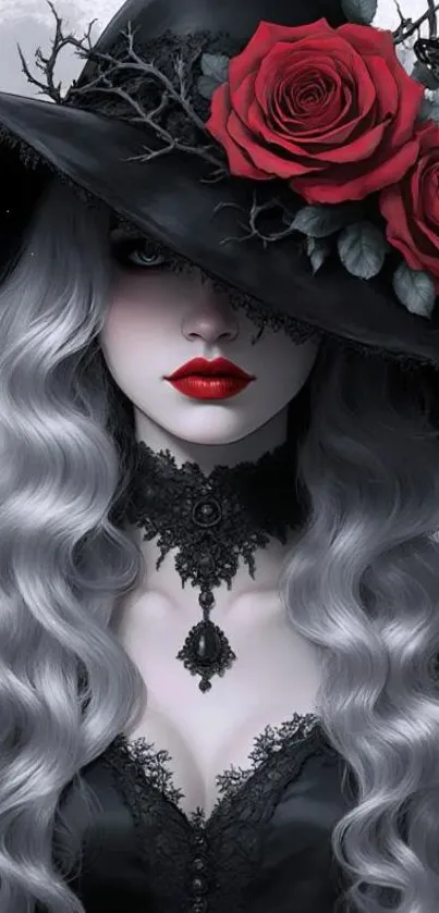 Gothic witch with red roses and silver hair.