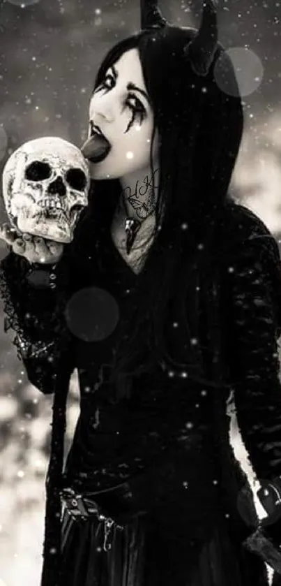 Gothic woman with horns holding a skull in monochrome.