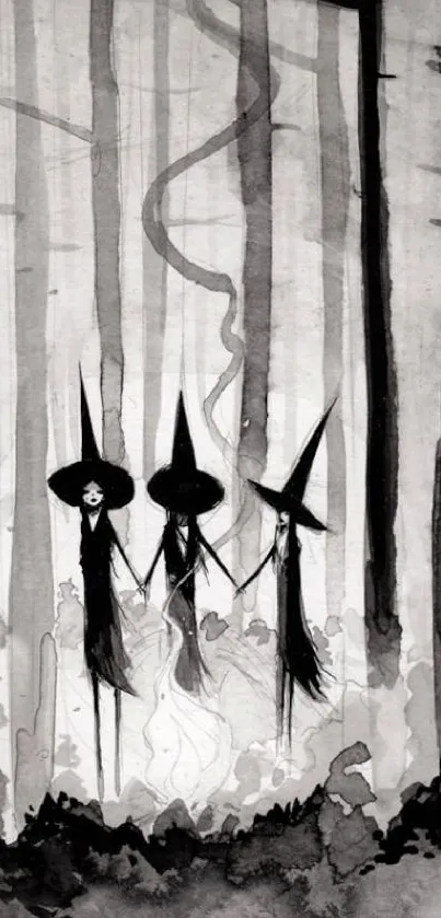 Three witches in a mystical forest, monochrome art.