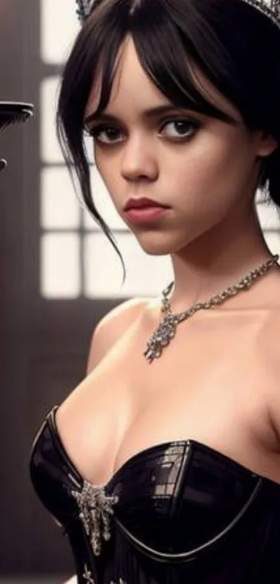 Gothic-inspired wallpaper of an elegant woman in dark attire and necklace.